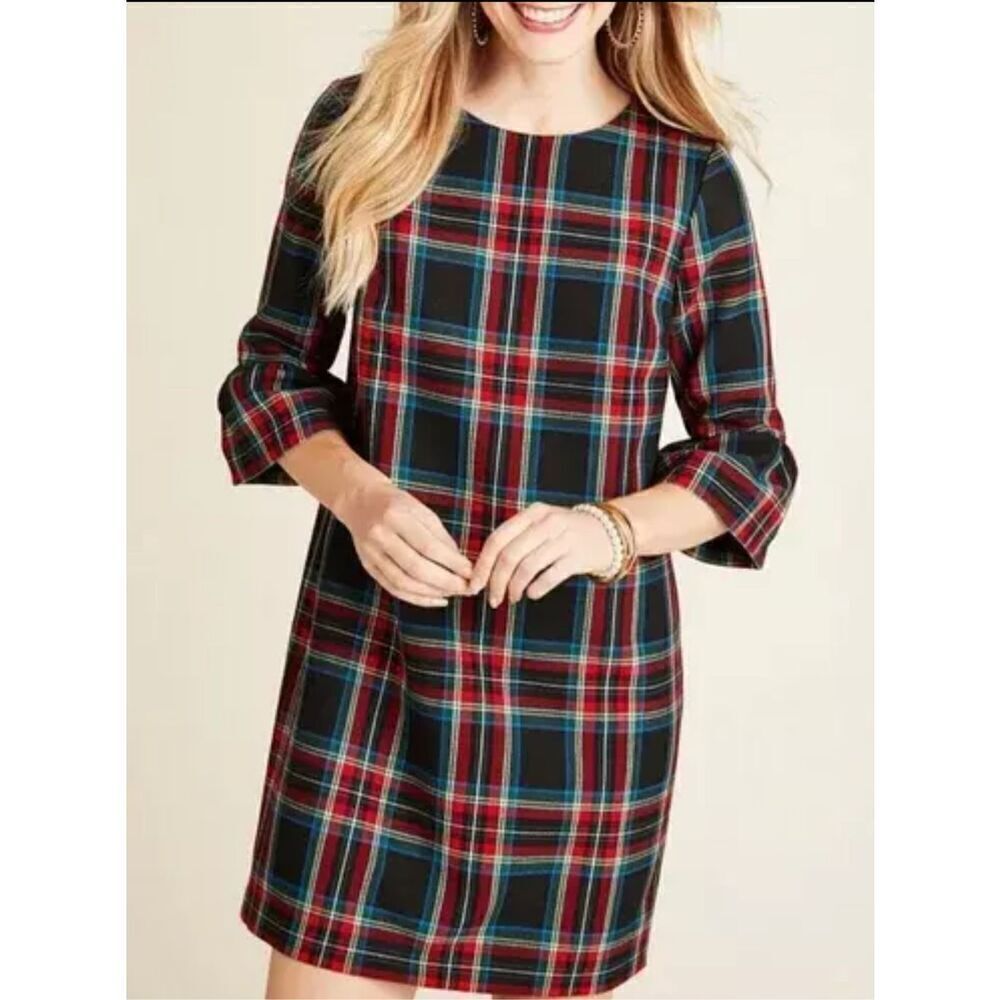 Vineyard Vines Jolly Plaid Tartan Shift Dress Holidays Ruffled Sleeve Size 0